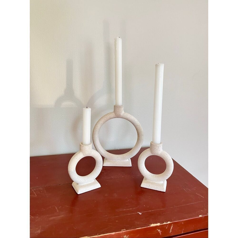 Crate & Barrel Lorin Cement Taper Candle Holder Set Modern Sculptural Decor 3pc